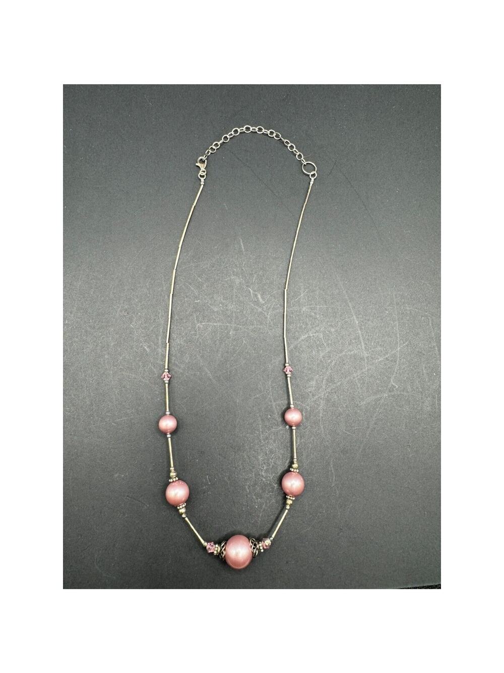 Vintage 925 Sterling Silver Pink Pearl & Crystal Glass Station Chain Necklace